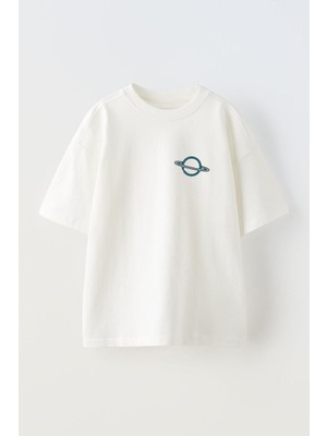 Youwinner Unisex Satürn Tasarım Baskılı Pamuk Beyaz Oversize T-Shirt