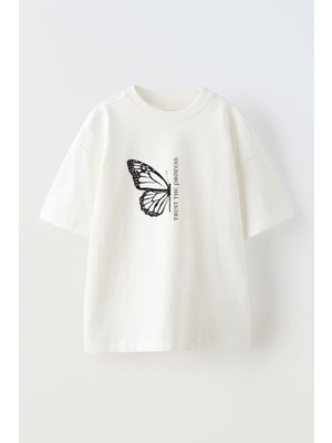 Youwinner Unisex Yarım Kelebek Tasarım Baskılı Pamuk Beyaz Oversize T-Shirt