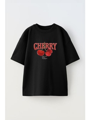 Youwinner Unisex Cherry Tasarım Baskılı Pamuk Sıyah Oversize T-Shirt