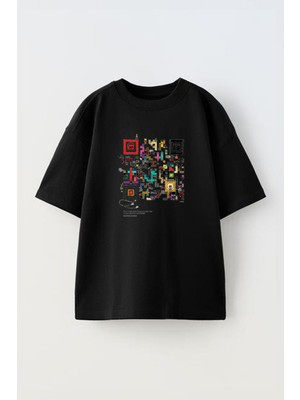 Youwinner Unisex LEGO Qr Tasarım Baskılı Pamuk Sıyah Oversize T-Shirt