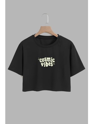 Youwinner Kadın Cosmic Vibes Tasarım Baskılı Pamuk Sıyah Oversize Crop