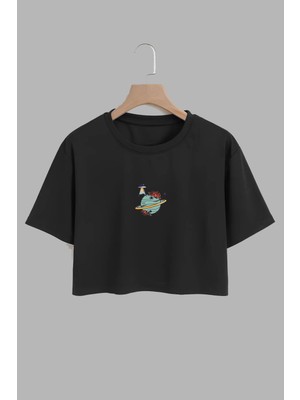 Youwinner Kadın Güllü Dünya Tasarım Baskılı Pamuk Sıyah Oversize Crop