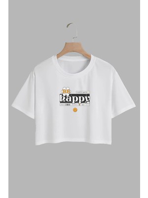 Youwinner Kadın Happy Be Tasarım Baskılı Pamuk Beyaz Oversize Crop