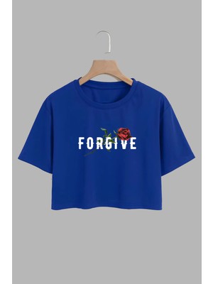 Youwinner Kadın Forgive Tasarım Baskılı Pamuk Saks Mavi Oversize Crop