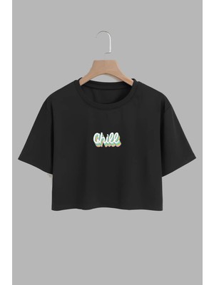Youwinner Kadın Chill Tasarım Baskılı Pamuk Sıyah Oversize Crop