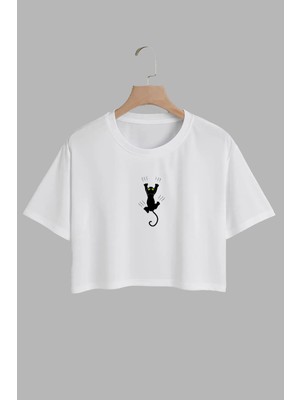 Youwinner Kadın Tırmanan Kedi Tasarım Baskılı Pamuk Beyaz Oversize Crop