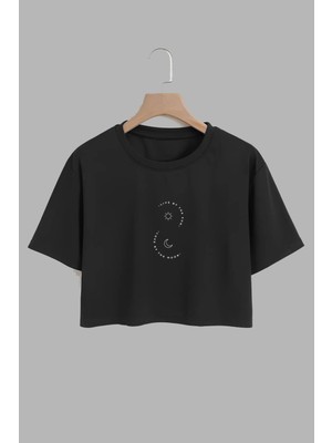 Youwinner Kadın Ay Güneş Tasarım Baskılı Pamuk Sıyah Oversize Crop