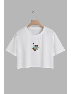 Youwinner Kadın Güllü Dünya Tasarım Baskılı Pamuk Beyaz Oversize Crop