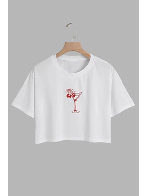 Youwinner Kadın Visne Kokteyl Tasarım Baskılı Pamuk Beyaz Oversize Crop