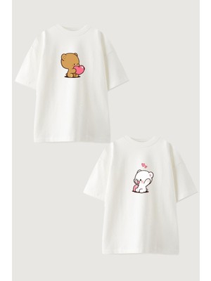 Youwinner Kadın Erkek Unisex Cute Bear Sevgili Çift Kombini Oversize Beyaz Tshirt 2'li Takım