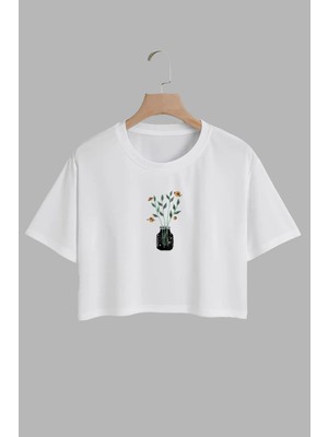 Youwinner Kadın Kavonozdakı Cicek Tasarım Baskılı Pamuk Beyaz Oversize Crop