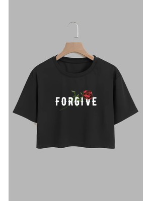 Youwinner Kadın Forgive Tasarım Baskılı Pamuk Sıyah Oversize Crop