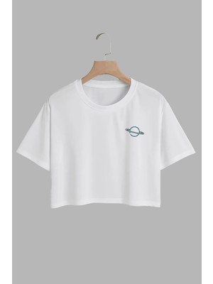 Youwinner Kadın Satürn Tasarım Baskılı Pamuk Beyaz Oversize Crop