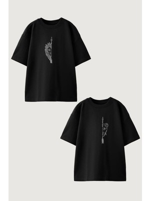Youwinner Kadın Erkek Unisex Aslan Sevgili Çift Kombini Oversize Siyah Tshirt 2'li Takım
