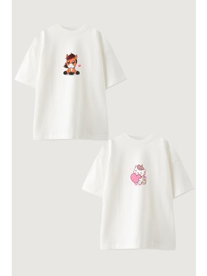Youwinner Kadın Erkek Unisex Unicorn ve At Sevgili Çift Kombini Oversize Beyaz Tshirt 2'li Takım