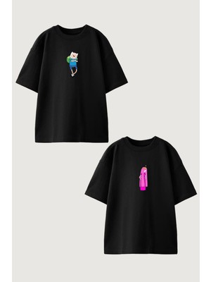 Youwinner Kadın Erkek Unisex Fin Prenses Sevgili Çift Kombini Oversize Siyah Tshirt 2'li Takım