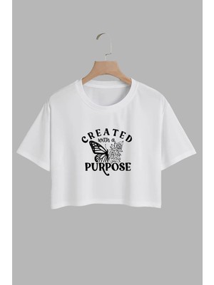 Youwinner Kadın Created Purpose Tasarım Baskılı Pamuk Beyaz Oversize Crop