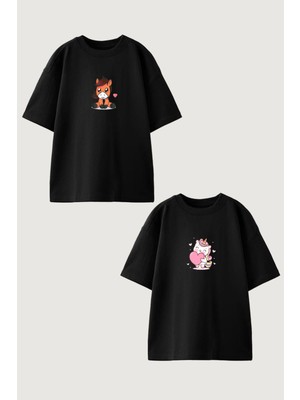 Youwinner Kadın Erkek Unisex Unicorn ve At Sevgili Çift Kombini Oversize Siyah Tshirt 2'li Takım