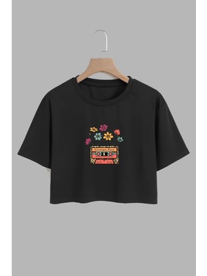 Youwinner Kadın Cicekli Kaset Tasarım Baskılı Pamuk Sıyah Oversize Crop