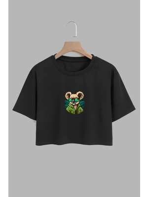 Youwinner Kadın Cool Koala Tasarım Baskılı Pamuk Sıyah Oversize Crop