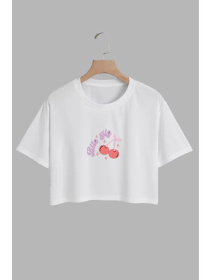 Youwinner Kadın Bite Me Tasarım Baskılı Pamuk Beyaz Oversize Crop