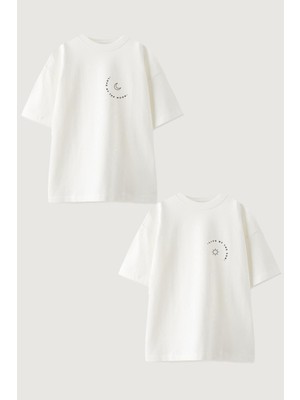 Youwinner Kadın Erkek Unisex Ay ve Güneş Sevgili Çift Kombini Oversize Beyaz Tshirt 2'li Takım
