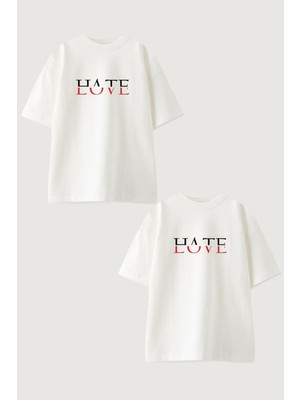 Youwinner Kadın Erkek Unisex Hate Love Sevgili Çift Kombini Oversize Beyaz Tshirt 2'li Takım