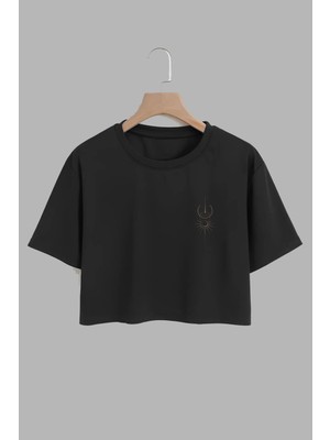 Youwinner Kadın Güneş ve Ay Sembolu Tasarım Baskılı Pamuk Sıyah Oversize Crop