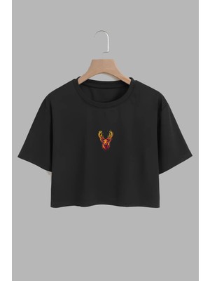 Youwinner Kadın Renkli Geyik Tasarım Baskılı Pamuk Sıyah Oversize Crop