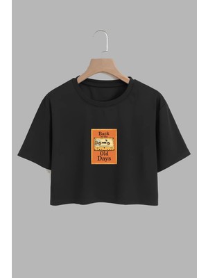 Youwinner Kadın Back Old Days Tasarım Baskılı Pamuk Sıyah Oversize Crop