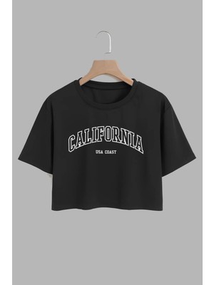 Youwinner Kadın Calıfornıa Tasarım Baskılı Pamuk Sıyah Oversize Crop