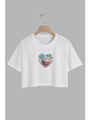 Youwinner Kadın The World Is A Batter Place Tasarım Baskılı Pamuk Beyaz Oversize Crop