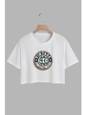 Youwinner Kadın Vintage 1933 Tasarım Baskılı Pamuk Beyaz Oversize Crop