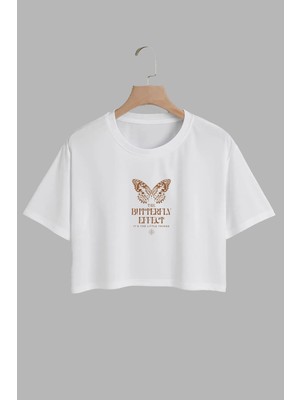 Youwinner Kadın Butterfly Effect Tasarım Baskılı Pamuk Beyaz Oversize Crop