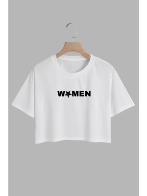Youwinner Kadın Women Tasarım Baskılı Pamuk Beyaz Oversize Crop