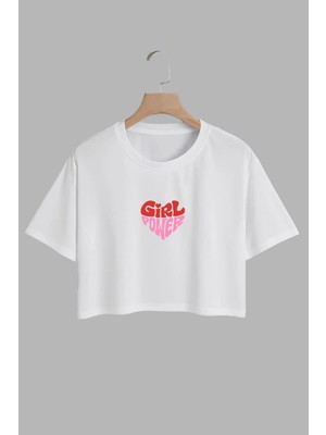 Youwinner Kadın Girl Power Tasarım Baskılı Pamuk Beyaz Oversize Crop
