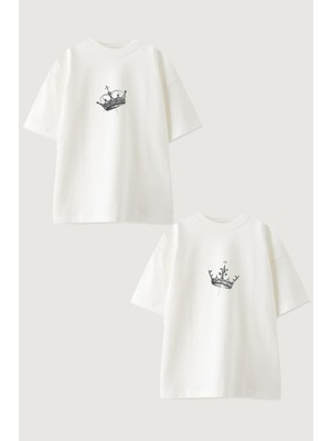 Youwinner Kadın Erkek Unisex Kral Kralice Sevgili Çift Kombini Oversize Beyaz Tshirt 2'li Takım