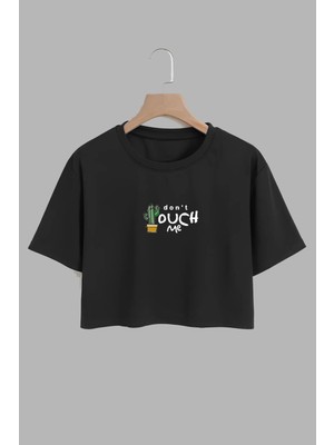 Youwinner Kadın Dont Duch Me Tasarım Baskılı Pamuk Sıyah Oversize Crop