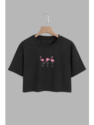 Youwinner Kadın Filamingolar Tasarım Baskılı Pamuk Sıyah Oversize Crop