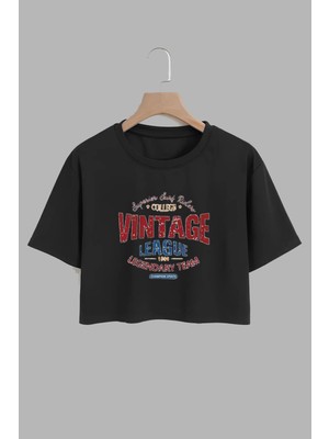 Youwinner Kadın Vıtage League Tasarım Baskılı Pamuk Sıyah Oversize Crop