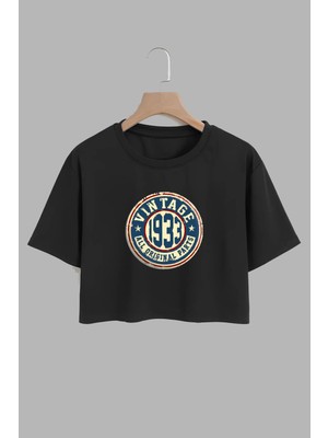 Youwinner Kadın Vintage 1933 Tasarım Baskılı Pamuk Sıyah Oversize Crop