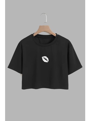 Youwinner Kadın Ruj Izi Tasarım Baskılı Pamuk Sıyah Oversize Crop