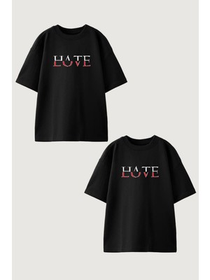 Youwinner Kadın Erkek Unisex Hate Love Sevgili Çift Kombini Oversize Siyah Tshirt 2'li Takım