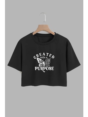 Youwinner Kadın Created Purpose Tasarım Baskılı Pamuk Sıyah Oversize Crop