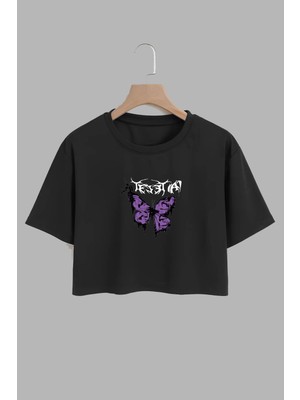 Youwinner Kadın Mor Kelebek Tasarım Baskılı Pamuk Sıyah Oversize Crop