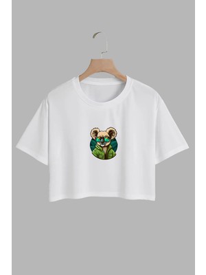Youwinner Kadın Cool Koala Tasarım Baskılı Pamuk Beyaz Oversize Crop