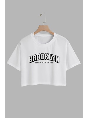 Youwinner Kadın Brooklyn Tasarım Baskılı Pamuk Beyaz Oversize Crop