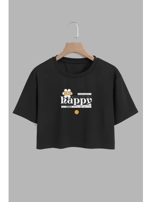 Youwinner Kadın Happy Be Tasarım Baskılı Pamuk Sıyah Oversize Crop