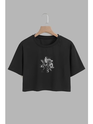 Youwinner Kadın Eors Gül Tasarım Baskılı Pamuk Sıyah Oversize Crop