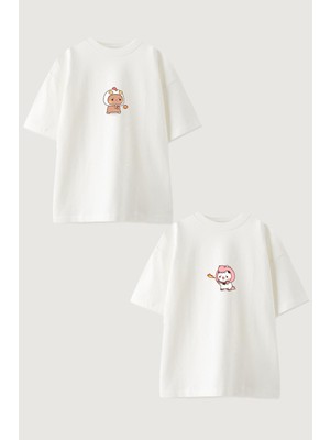 Youwinner Kadın Erkek Unisex Tatlı Ayılar Sevgili Çift Kombini Oversize Beyaz Tshirt 2'li Takım